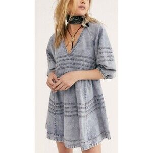 Free People Women's Sweet Surrender Puff Sleeve Denim Mini Dress Size Medium